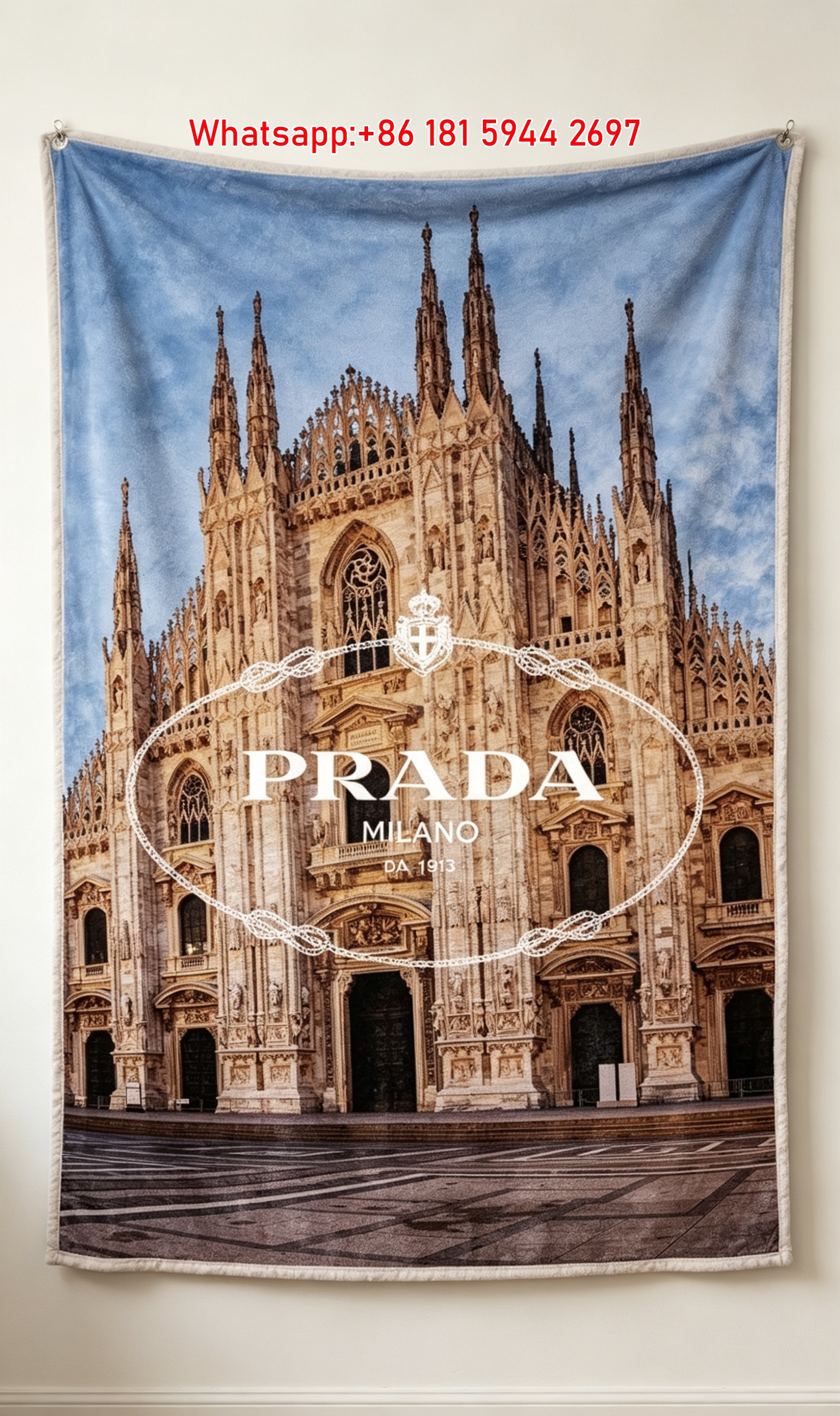 Prada Blue Sky Milan Cathedral Print Flannel Throw Blanket IMG_2783